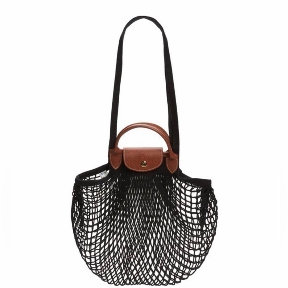 Longchamp FILT Black Le Pliage Fishnet Knit Shoulder Bag Leather Detail Handbag